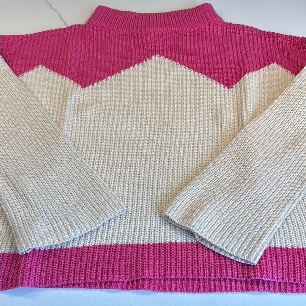 Cream and Pink Cowl Neck Sweater with Ribbed Texture